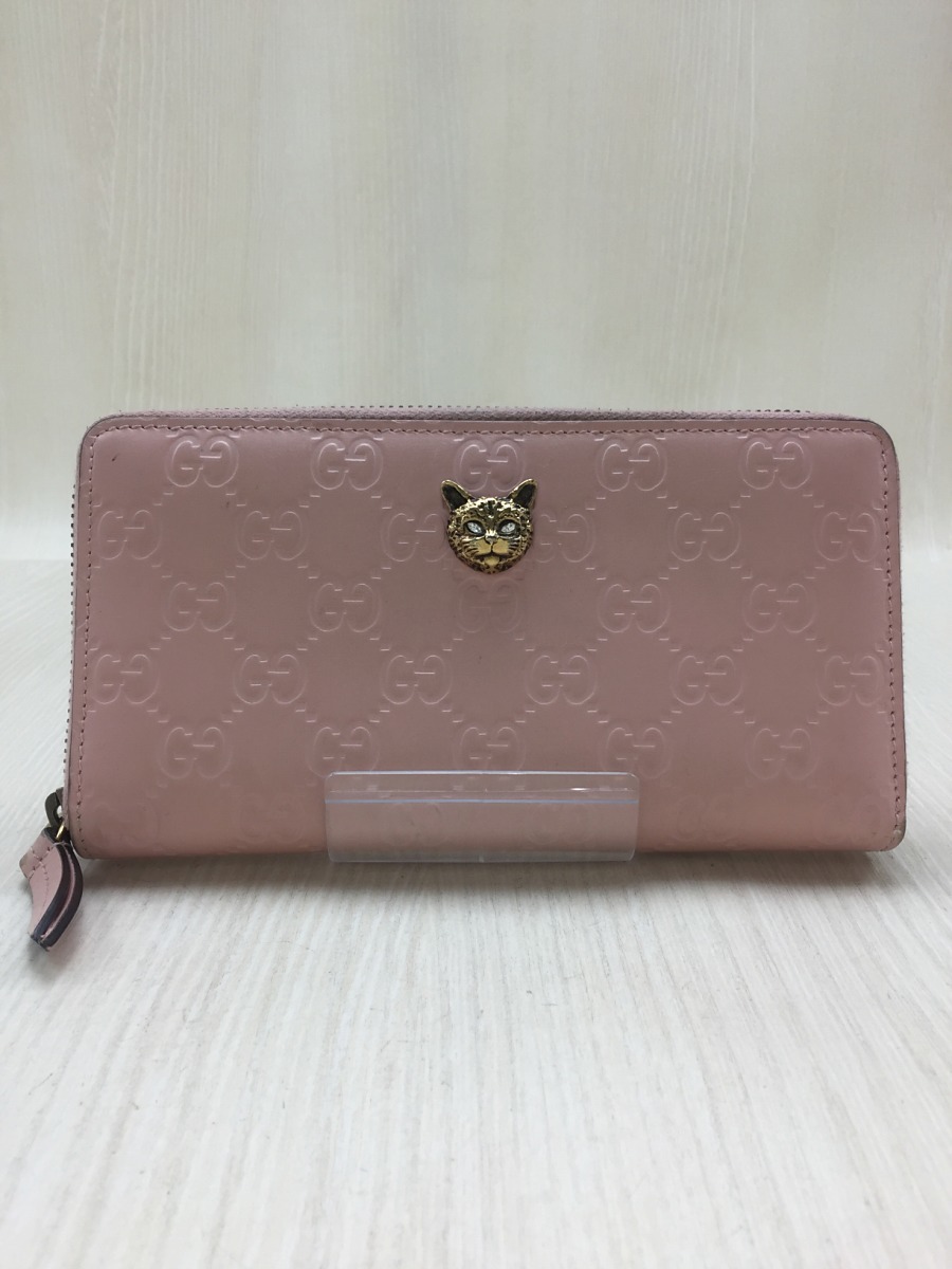 GUCCI◆長財布/548058/リネアキャット/ラウンドジップ/グッチシマ/レザー/PNK/角スレ