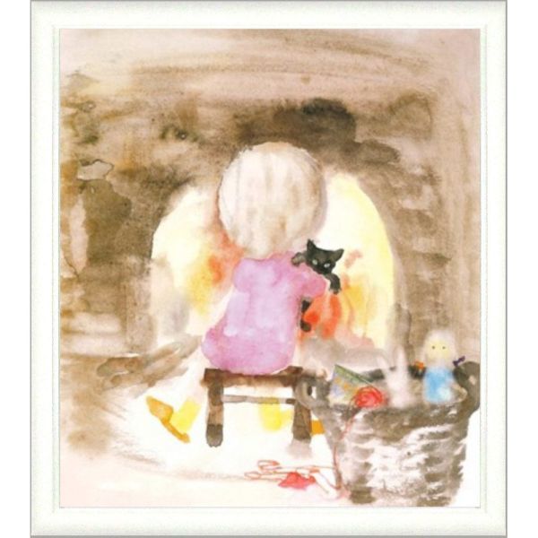 ★いわさきちひろ『暖炉の前で猫を抱く少女・色紙(ホワイト)』複製画 絵画 新品 額付き 人物画 児童画 ストーブ【IT-SIKI56W】