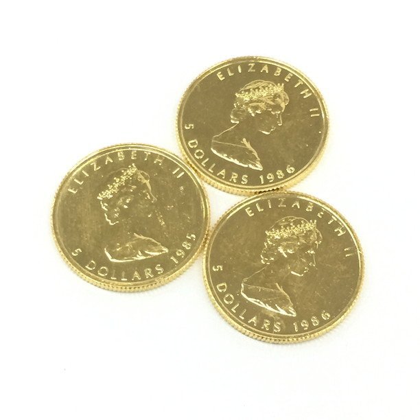 BCAF2013 1985年 / 1986年x2 カナダ メイプルリーフ金貨 5ドル エリザベス2世 FINE GOLD 1/10OZ OR