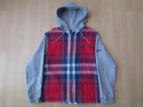 90's EDDIE BAUER EBTEK チェック柄 コットン ヘビー ネル スウェット 切替し フード シャツSエディーバウアー パーカーアメカジ/n_EBTEK・切替し・フード付き・シャツ表面