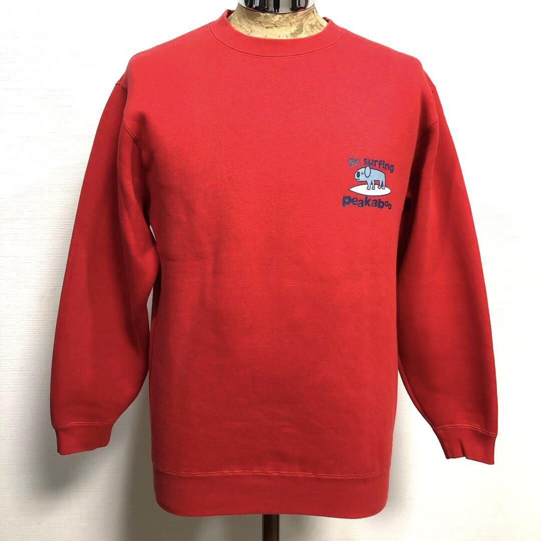 M 良品 PEAKABOO 赤 スウェット 両面プリント トレーナー ピーカブー オールドサーフ ビンテージ 古着 90s surf サーフィン_画像3