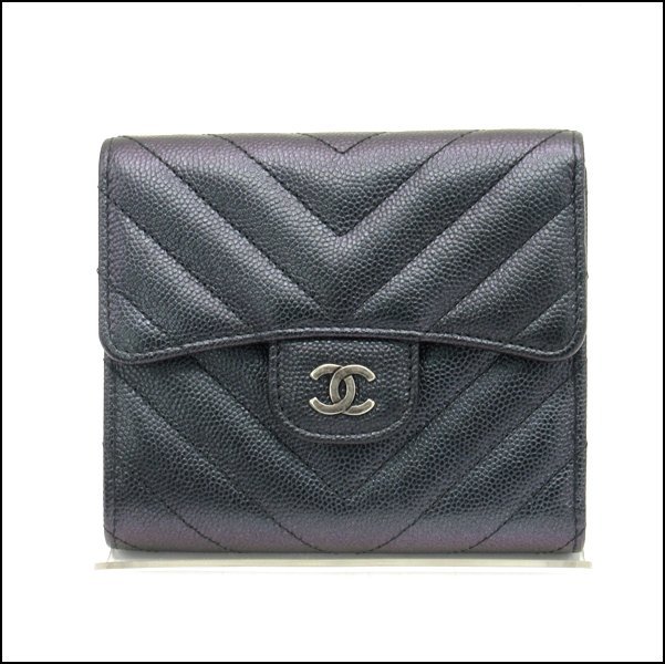 TS CHANEL/シャネル キャビアスキン 3つ折り財布 Vステッチ クラシック