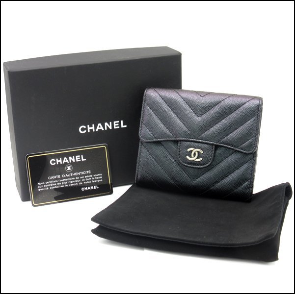 TS CHANEL/シャネル キャビアスキン 3つ折り財布 Vステッチ クラシック