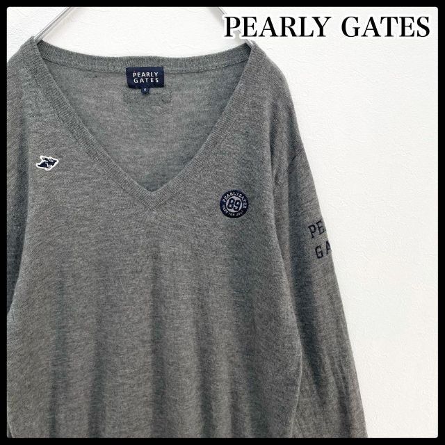 【ビッグサイズ】パーリーゲイツ ワッペン ワンポイントロゴ Vネック　ニットセーター グレー　メンズ　6サイズ　PEARLY GATES