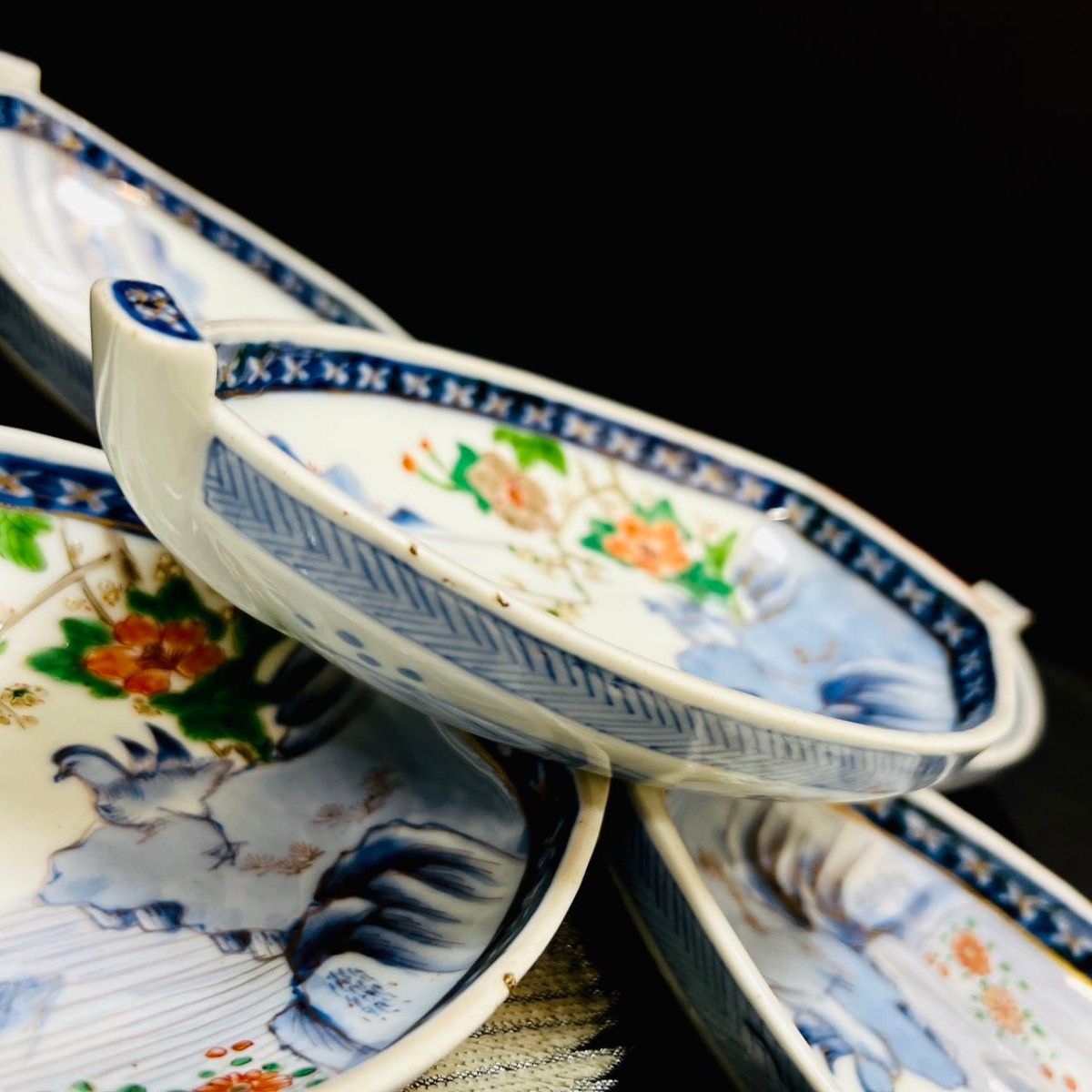 希少品 有田焼 古伊万里 染錦手 川に鴛鴦花絵 皿 宝舟型皿 5枚 明治