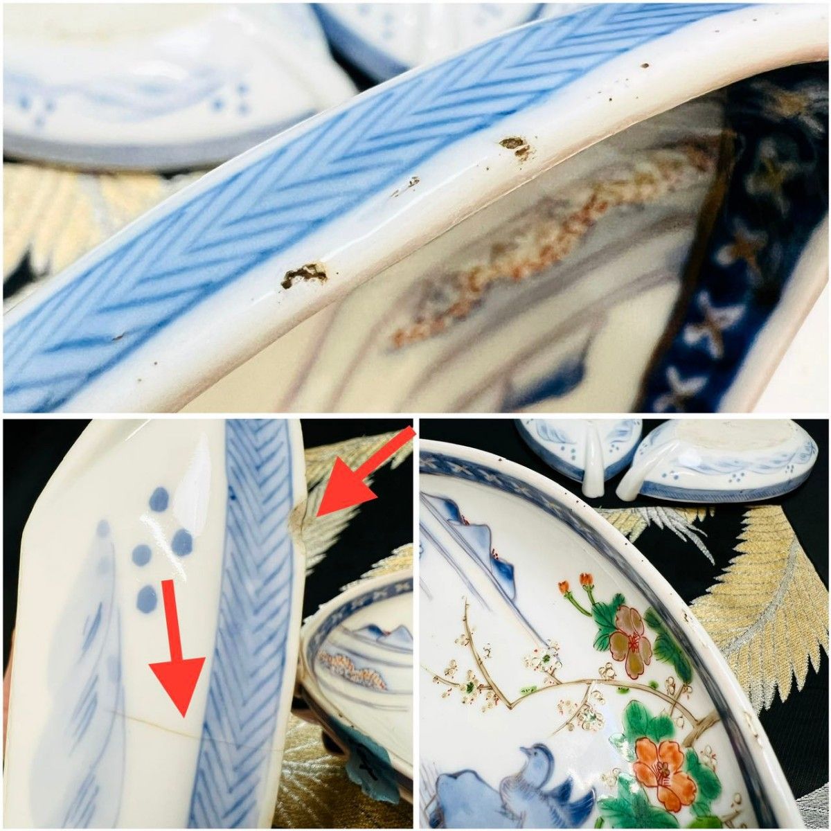 希少品 有田焼 古伊万里 染錦手 川に鴛鴦花絵 皿 宝舟型皿 5枚 明治江戸 箱入り豪華金彩青藍窯正倉院28cm大正古伊万里大皿