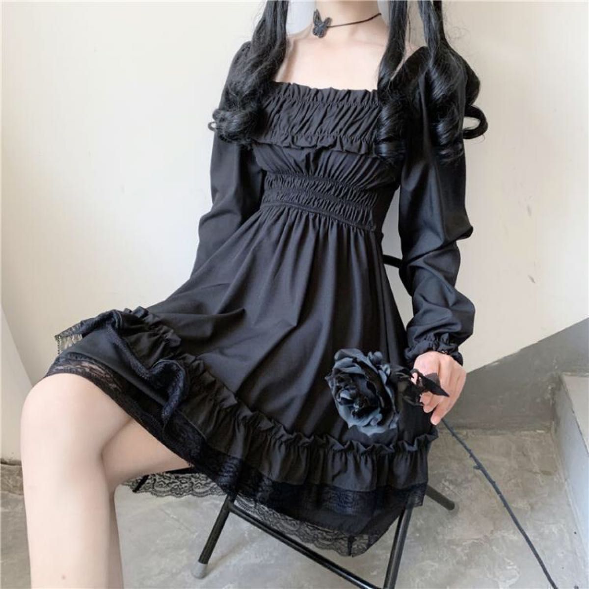 大きいサイズ ロリータ 病みかわいい 地雷系 ブラック  レース 量産型 韓国 ドレス ワンピース エロかわ 長袖 S