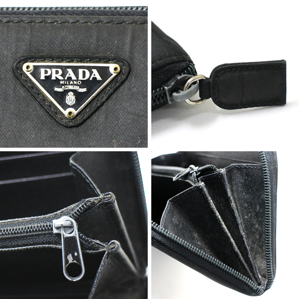 【PRADA】プラダ　ナイロン ラウンドファスナー　長財布 三角プレート　ブラック　メンズ レディース