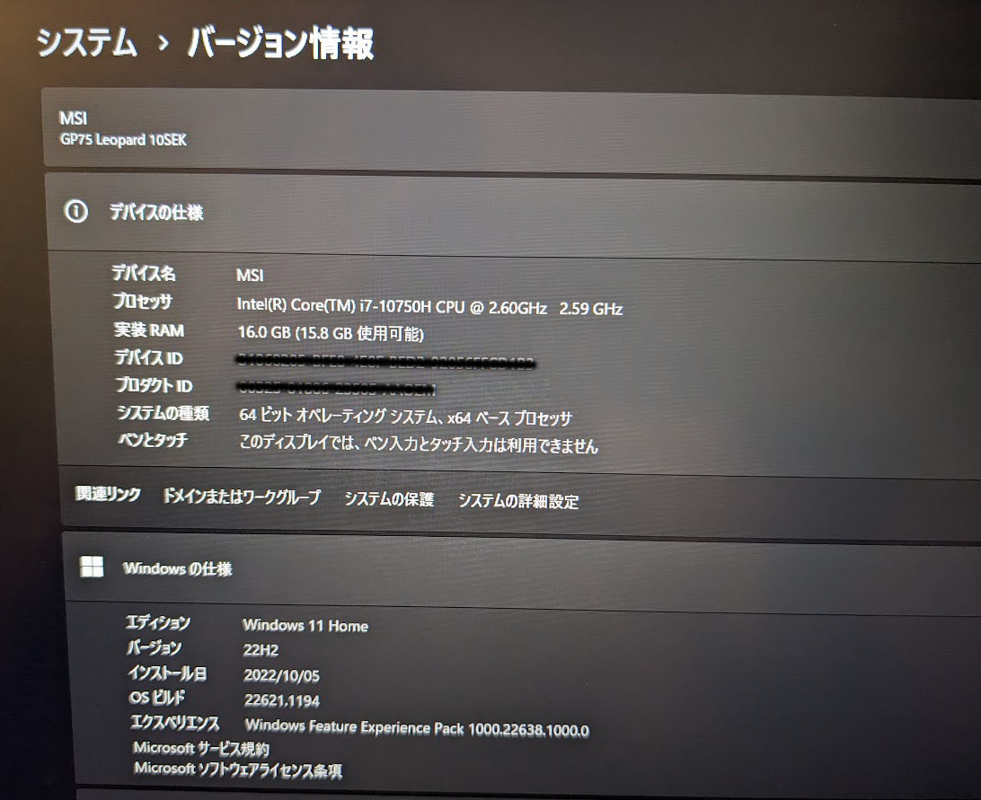 MSI GP75 Leopard / GP75-10SEK-038JP Core i7-10750H/GeForce RTX