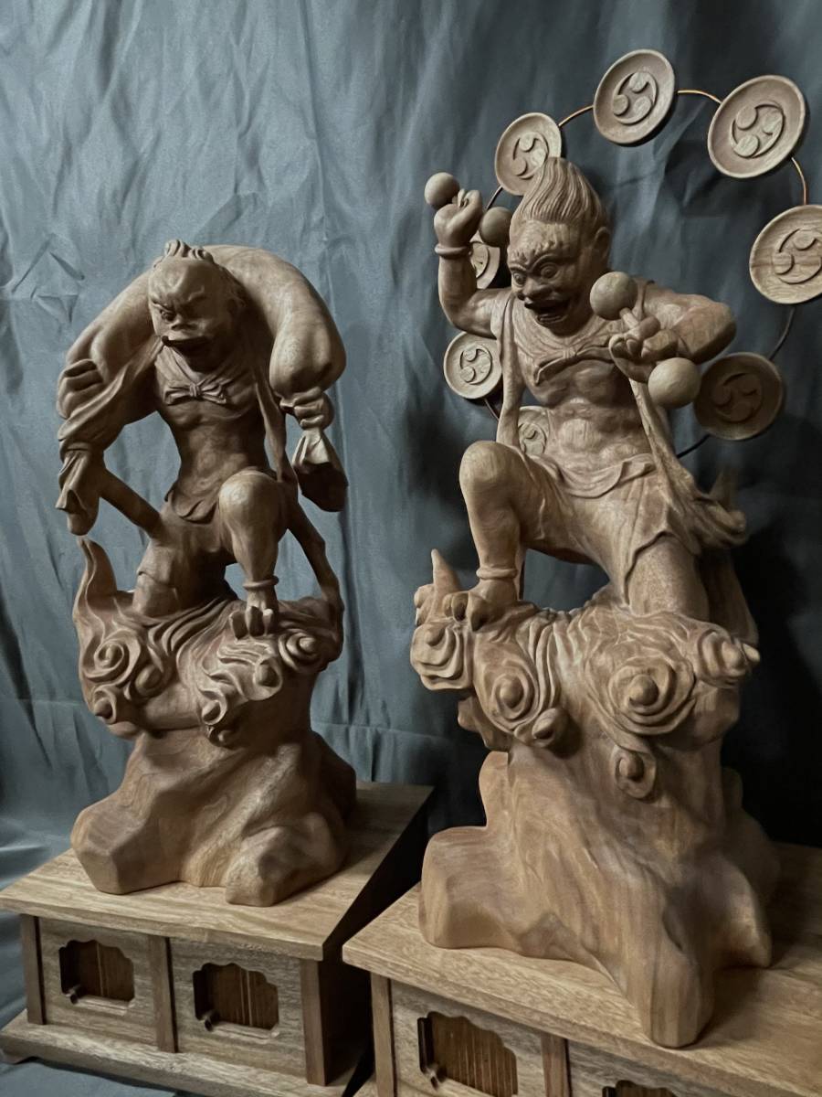 特大型 高50cm 井波彫刻 仏教工芸品 総楠製 極上彫 木彫仏像 風神雷神