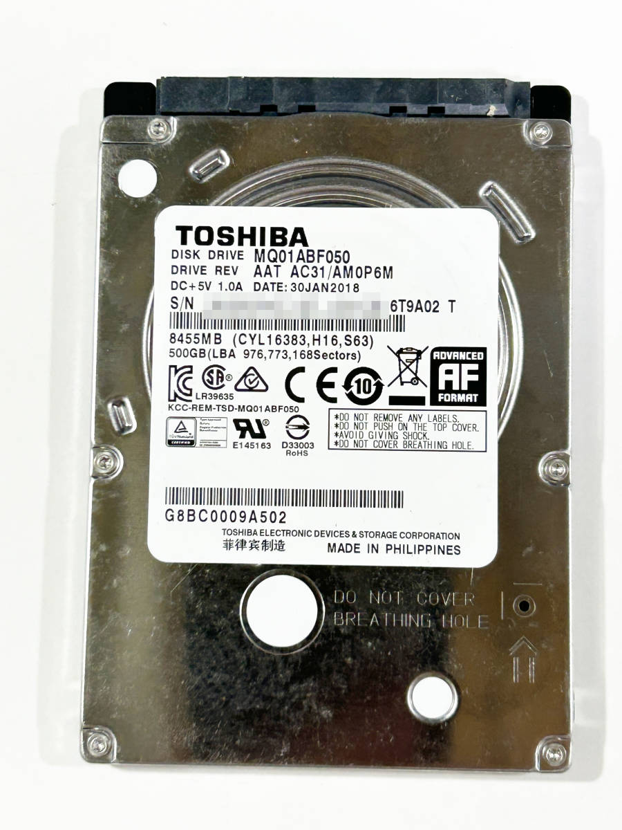 【J-629】■送料無料■ 中古 TOSHIBA HDD500GB 2.5インチ 厚さ7mm 動作保証品_画像1