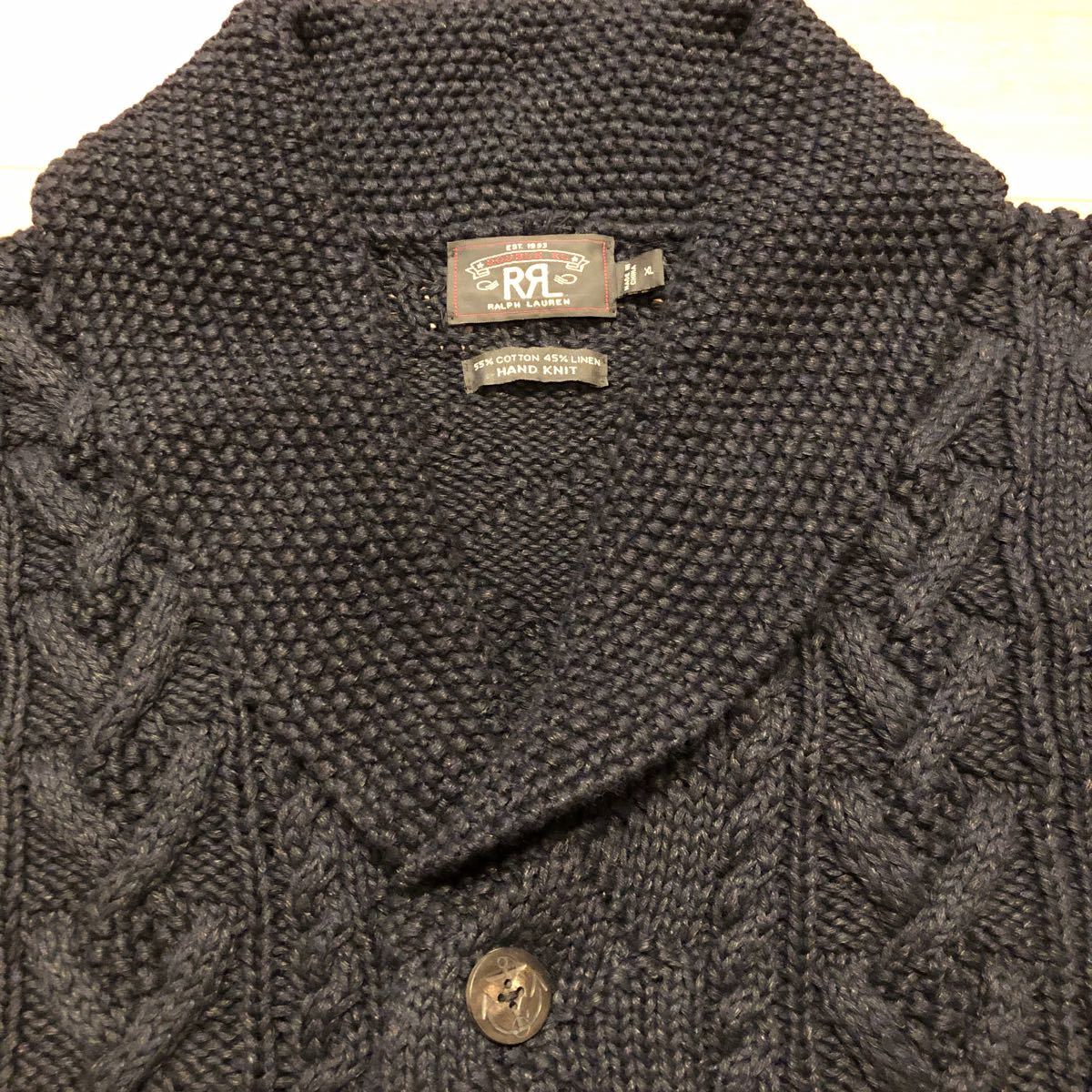 未使用!RRL ダブルアールエル ハンドニット ショールカラー カーディガン MERCHANT MARINEシリーズ 濃紺 素材(綿,麻) サイズXL 劇レア! RRL ショールカーディガン XL 美品 ダブルアールエル