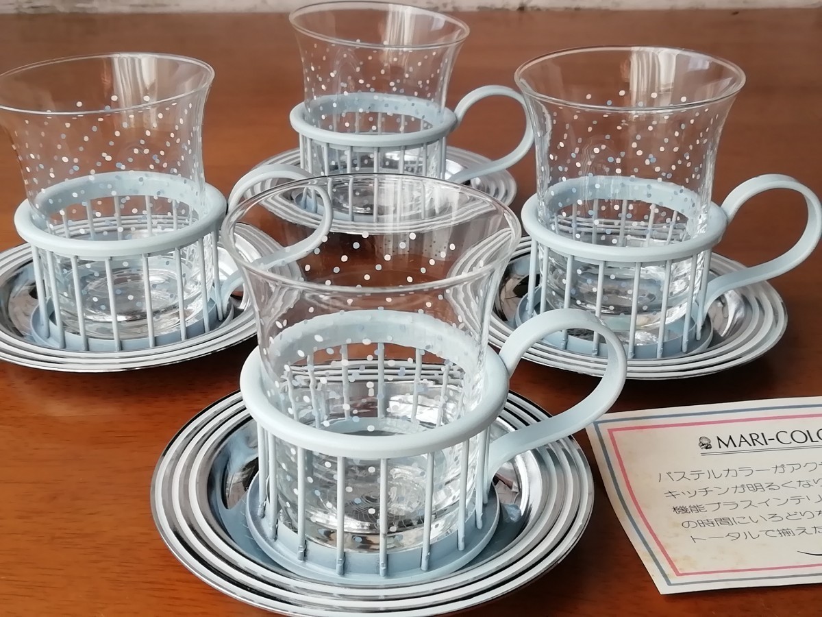 未使用 水玉模様 ガラス デミタスカップ 4客 アズマ AZUMA カップ&ソーサー 水色 ドット レトロ glass demitasse cap polka dot 送料込み_画像1