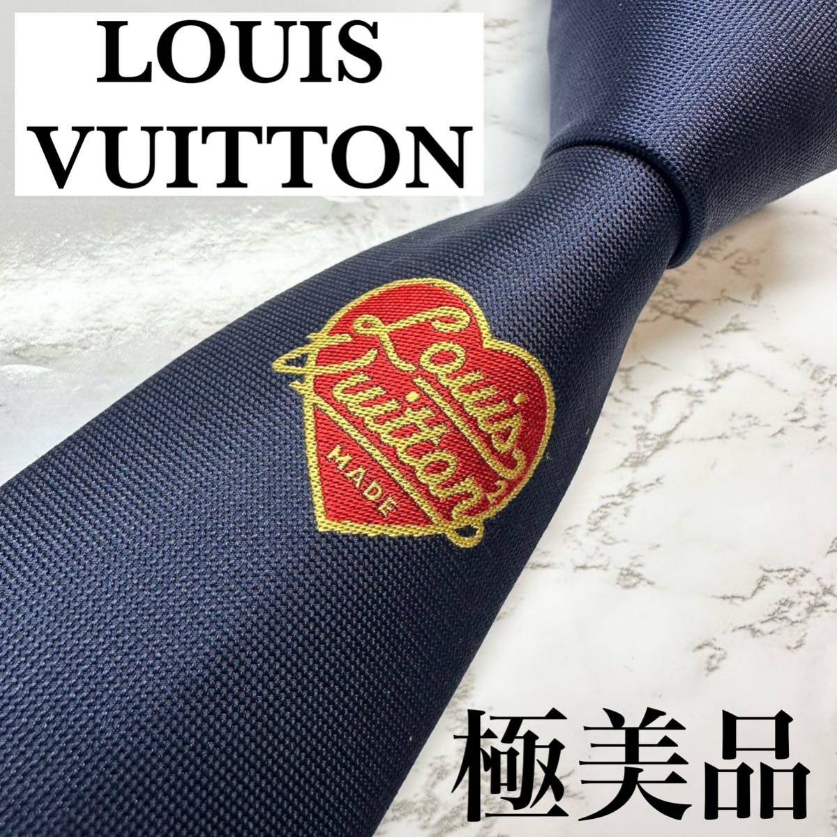 極美品 激レア HUMAN MADE×LOUIS VUITTON ネクタイ シルク100% ワンポイント ソリッド ブランドロゴ 刺繍 ネイビー  送料無料