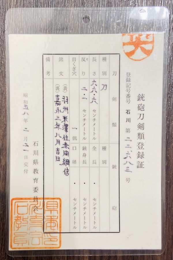 ◆旧家蔵出し◆在銘 羽州米沢住赤間綱信 日本刀 長さ66.6cm 反り2.1cm 登録証付き ksm)ksm-11317_画像10