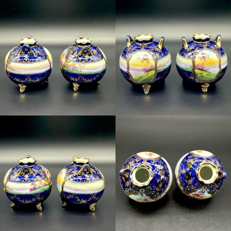 ペア オールドノリタケ ミニチュア 花瓶 湖畔風景白鳥文 金彩 盛上