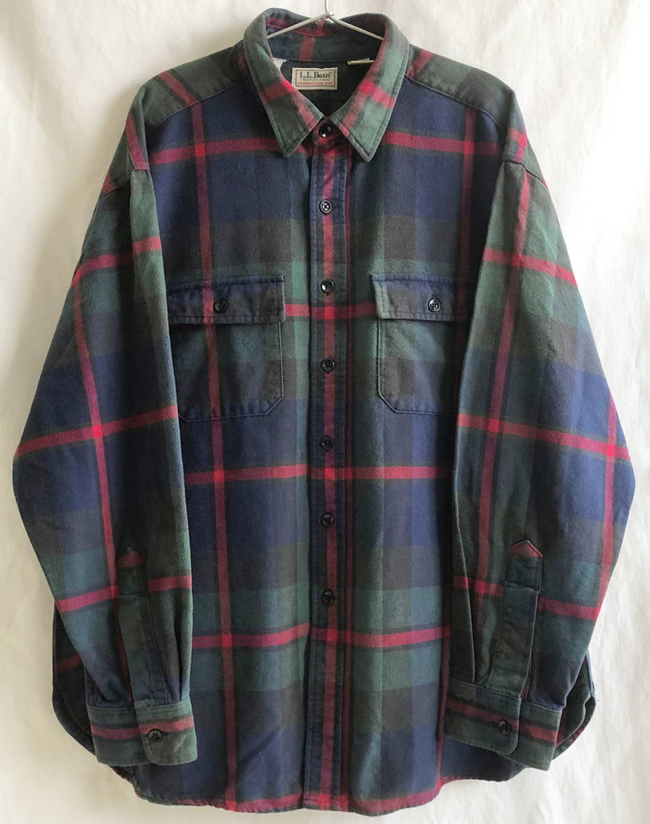 即決【80's ヴィンテージ/L.L.Bean】シャモアクロス シャツ/XL/ビッグサイズ/ヘビーフランネル/ネイビーチェック/アメリカ製(p-232-3-11)_画像1