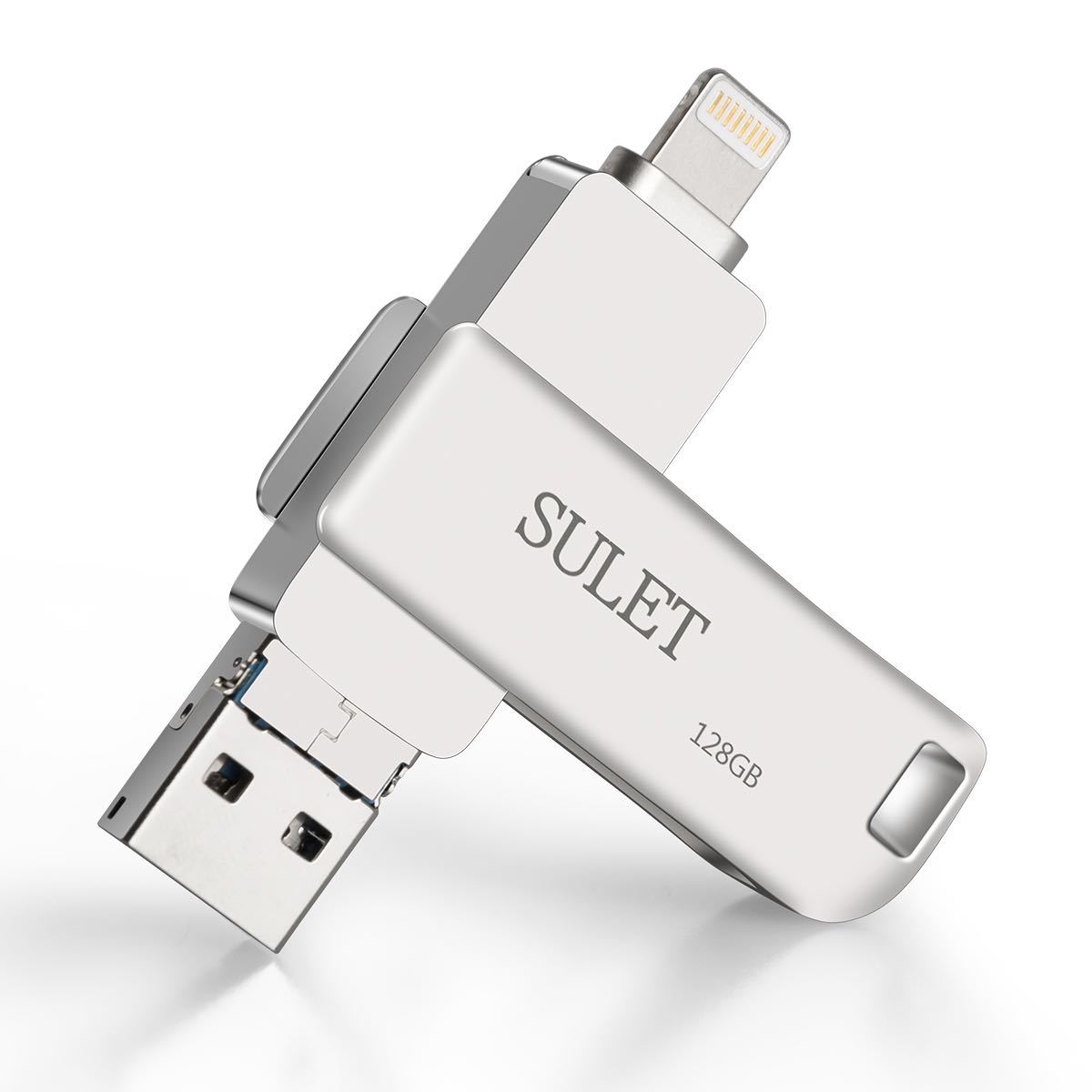 USBメモリ 128GB iPhone フラッシュドライブ 回転式 3in1 亜鉛合金（シルバー）_画像1