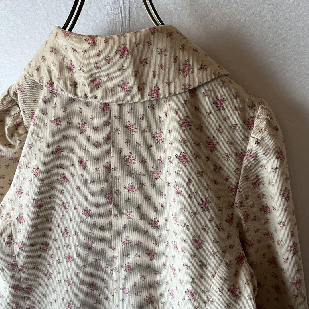 古着 日本製 小花柄ジャケット 2way コーデュロイ 春ジャケット ガーリー ホワイト ピンク 細畝 テーラード レトロ リボンデザイン