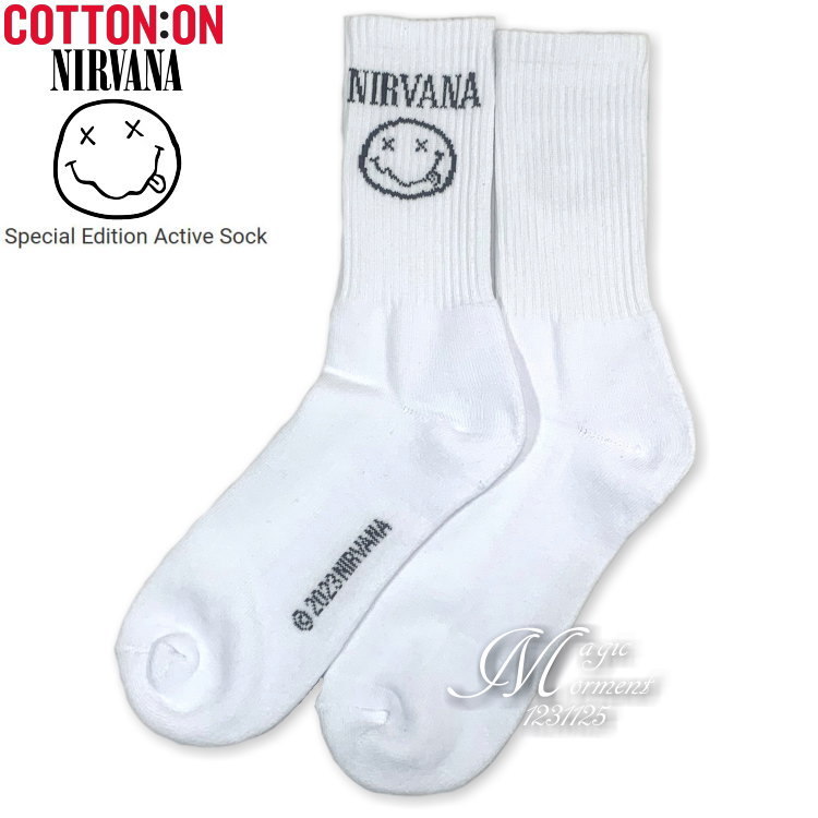 ★日本未発売 NIRVANA公認 ニルヴァーナ公式 COTTON ON USA コットンオン 限定販売 NIRVANA スマイリーロゴ入り クルーソックス 白 25-28cm_コットンオン限定NIRVANAロゴソックス