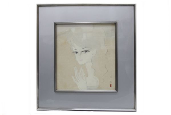 ○美品 東郷青児 美人画 色紙 自筆サイン 落款あり 真筆 水彩画 肉質画