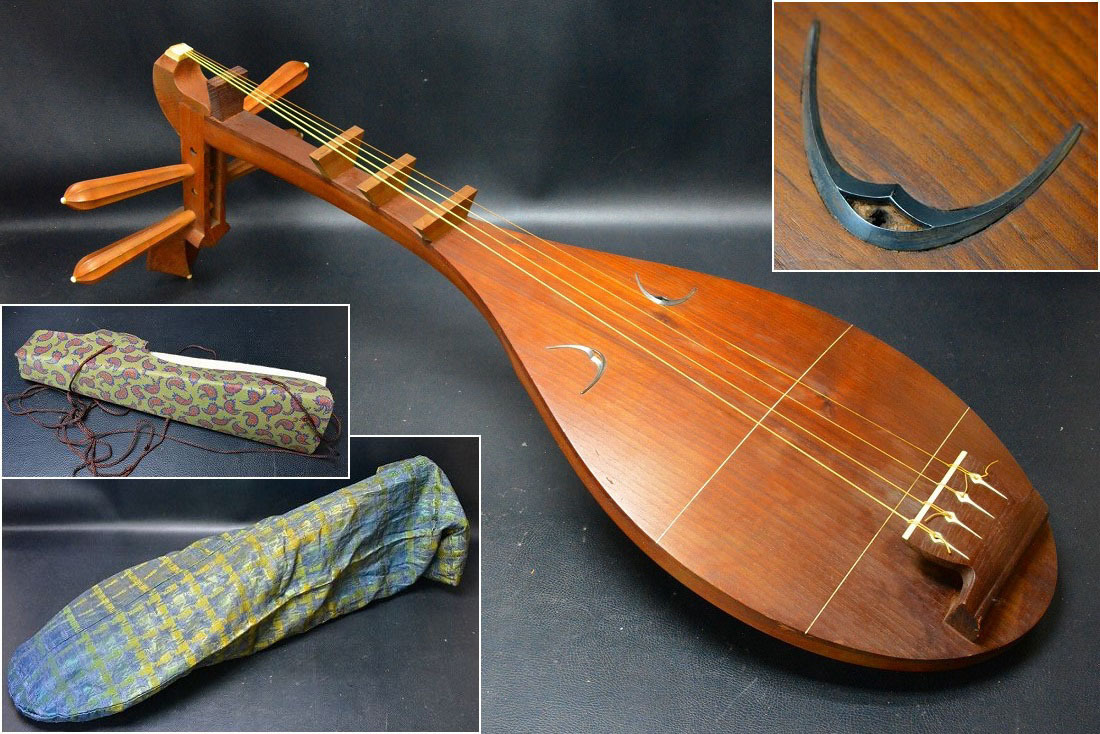 『銀製半月細工・桑製・四弦』薩摩琵琶 袋付 時代和楽器