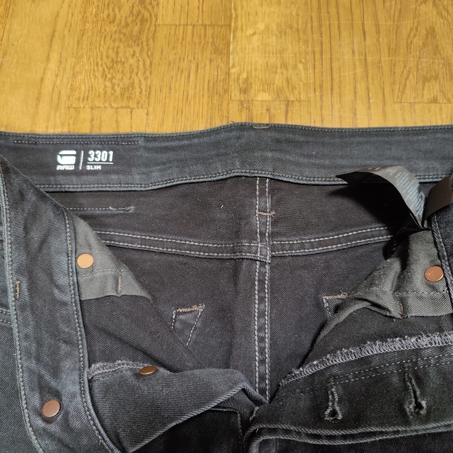 【送料無料】 G-Star RAW 3301 SLIM ストレッチ ブラック デニム 32インチ ジーンズ ジースター・ロゥ_画像5