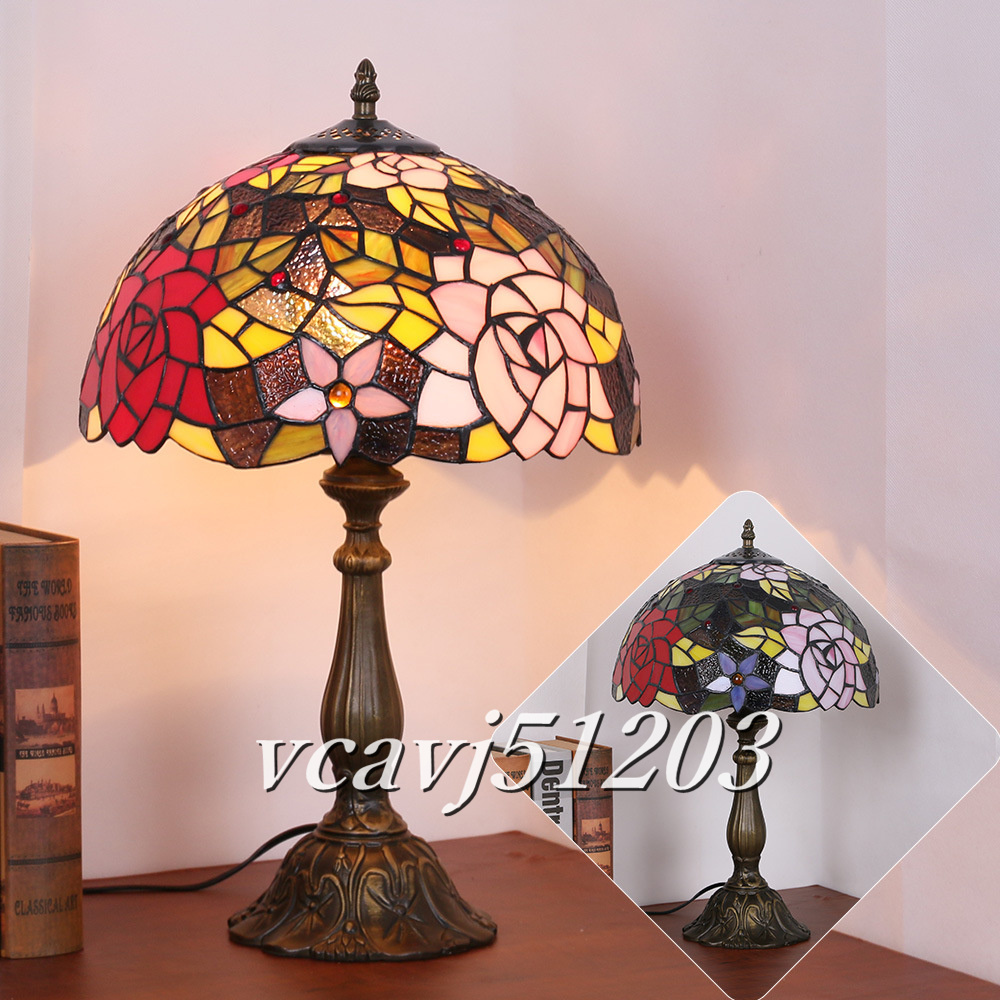 ◆稀少品◆芸術品◆Roseテーブルスタンド ステンドランプ ステンドグラス 花柄 レトロな雰囲気ティファニー ランプ 照明 室内装飾