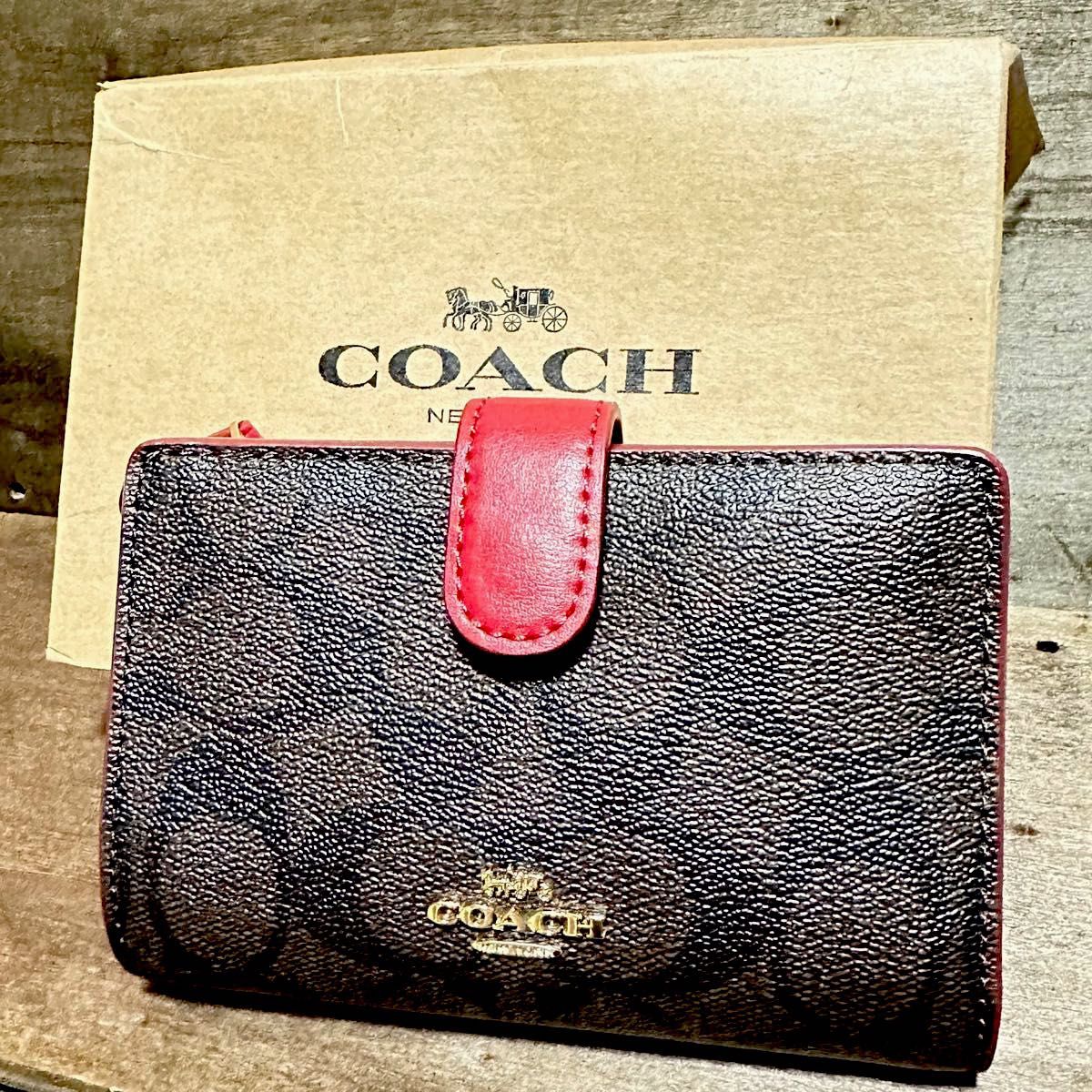 【新品】COACH コーチ 財布 二つ折り財布 レディース ブラウン レッド