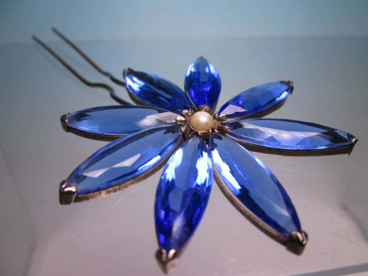 【江月】アンティーク・大振りな青い硝子の花かんざし 19,78g_画像3