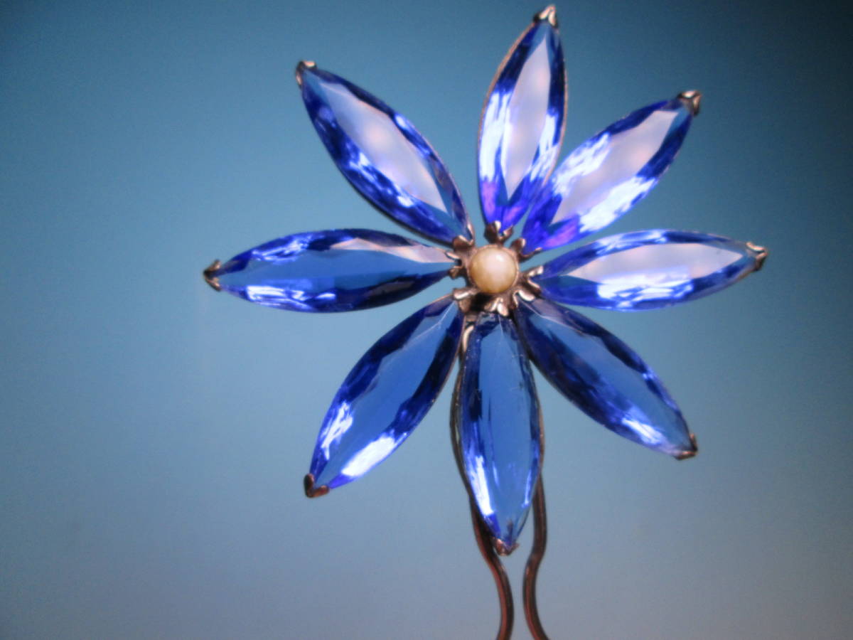【江月】アンティーク・大振りな青い硝子の花かんざし 19,78g_画像1