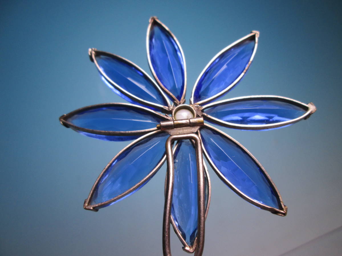【江月】アンティーク・大振りな青い硝子の花かんざし 19,78g_画像9