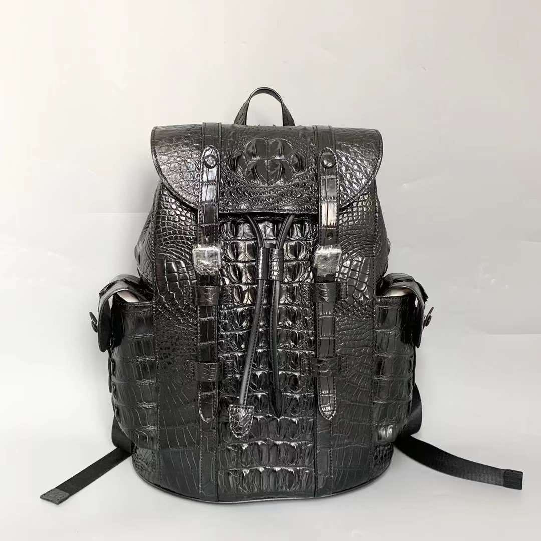 新品クロコダイル骨皮リュックサック 高品質 大容量 男女兼用 クロコダイルアンティークゴーザウルス ゴールド