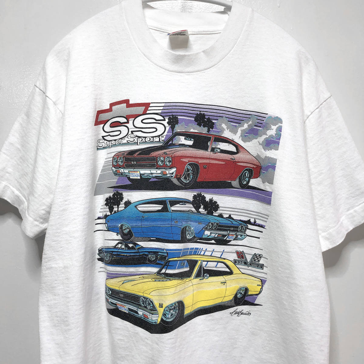 90S USA製 シボレー クラシック スポーツカー ヴィンテージ オールド Tシャツ メンズL ホワイト Chevrolet シングルステッチ 古着 BA1367