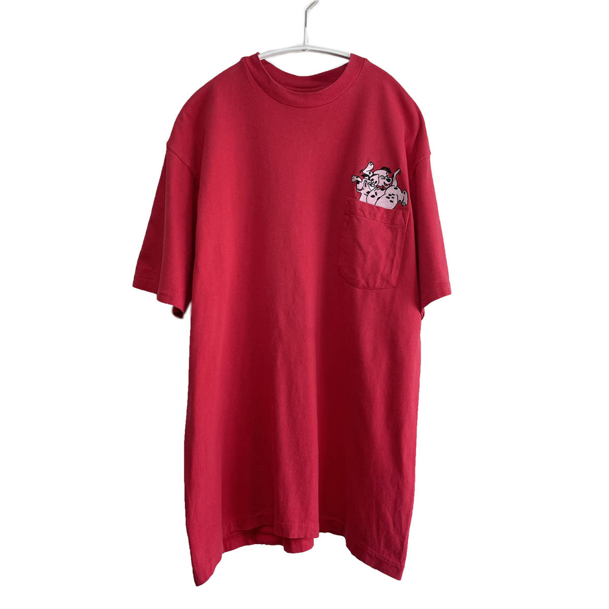 90S USA製 ヴィンテージ 半袖 Tシャツ ポケT 101匹わんちゃん 刺繍 ダルメシアン レッド メンズL シングルステッチ BA1480