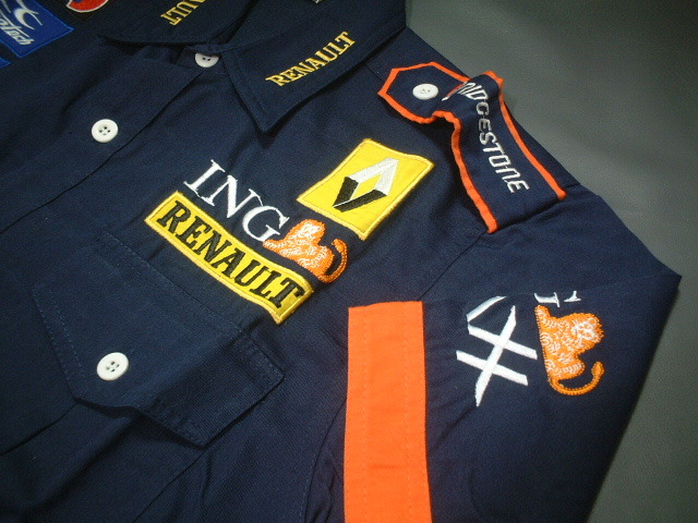 * stock one . sale. * free shipping * worth seeing *RENAULT*F1*Team* Renault * team * stylish .* wonderful ~.* beautiful ~.* pit shirt * navy blue *L* new goods *