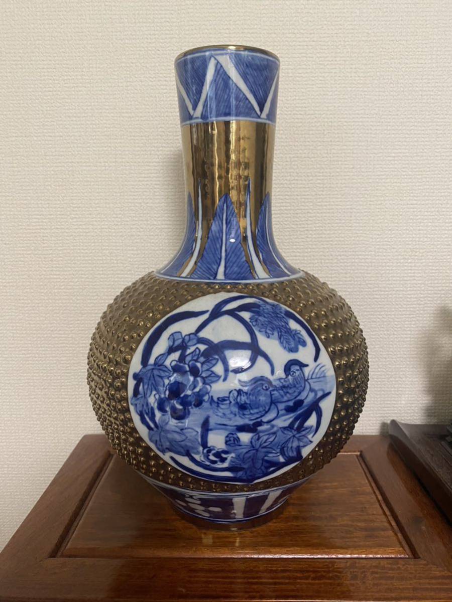 中国 大清 青花花鳥花瓶 天球瓶唐物高さ 34cm_画像1