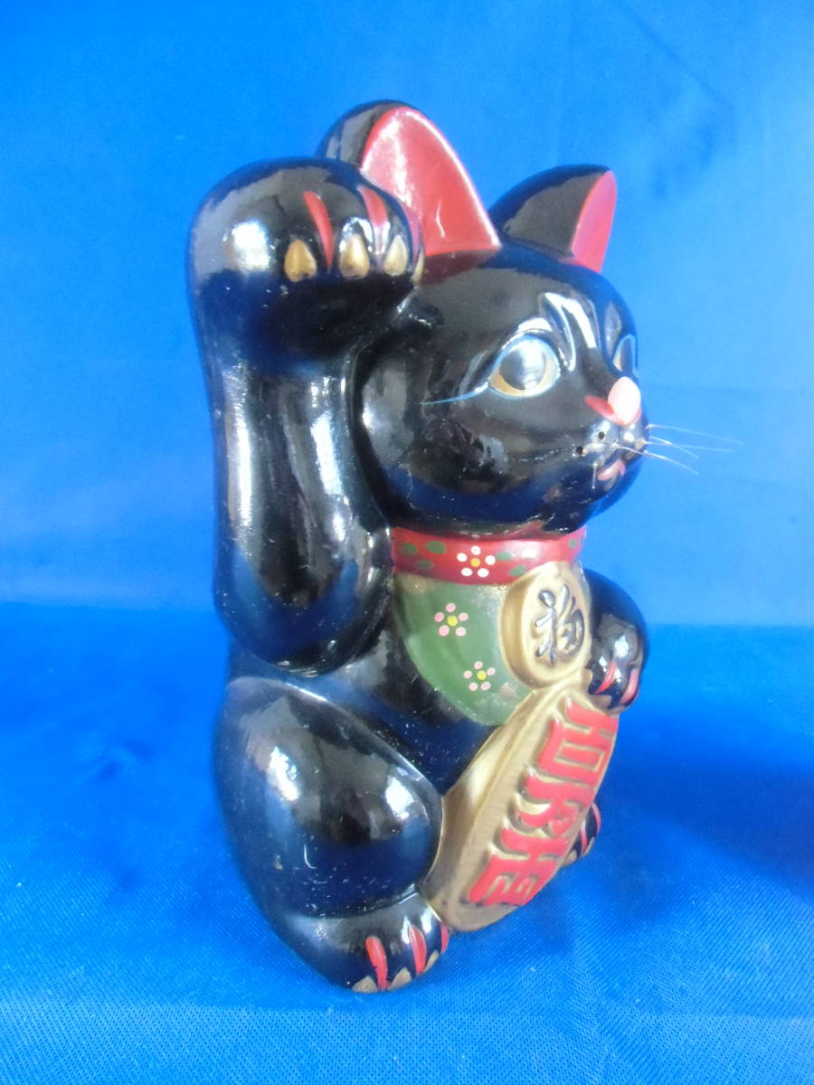 時代物、陶器、黒い招き猫と可愛いシャム猫の置物、高さ２８ｃｍ、たかさ４７ｃｍ_画像2