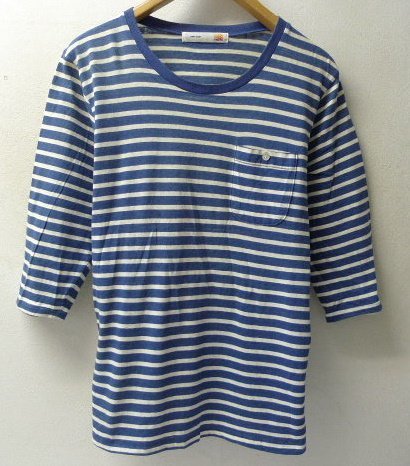 ◆melple メイプル ７分袖 Tシャツ ボーダー ポケット付き カットソー ブルー サイズM_画像1