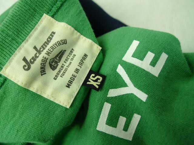 *Jackman Jack man GOOD EYE print sleeve switch cut and sewn green navy size XS beautiful 