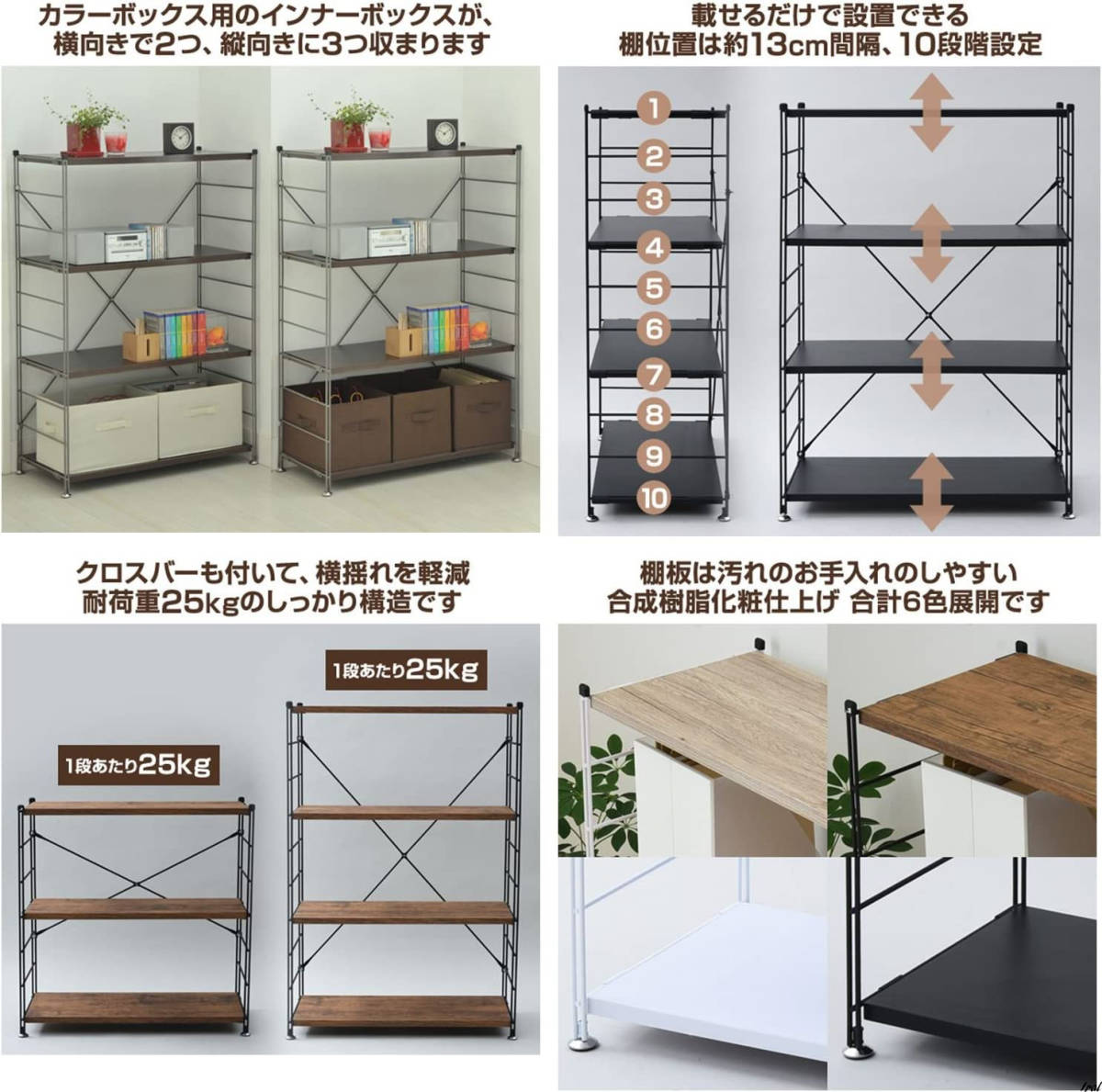 ラック オープンシェルフ 4段 連結可能 簡単高さ調節 耐荷重約25kg(棚