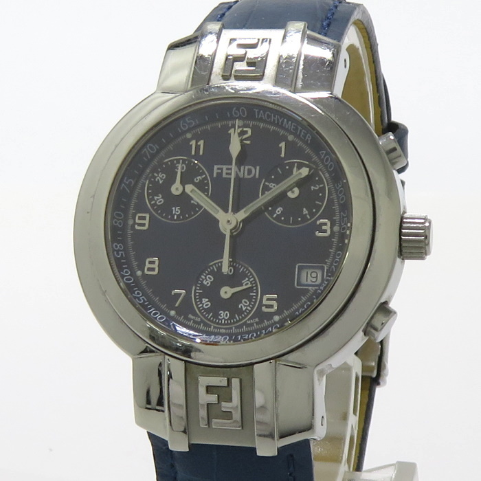 【中古】FENDI 腕時計 クロノグラフ クオーツ 革ベルト ネイビー文字盤 4500L