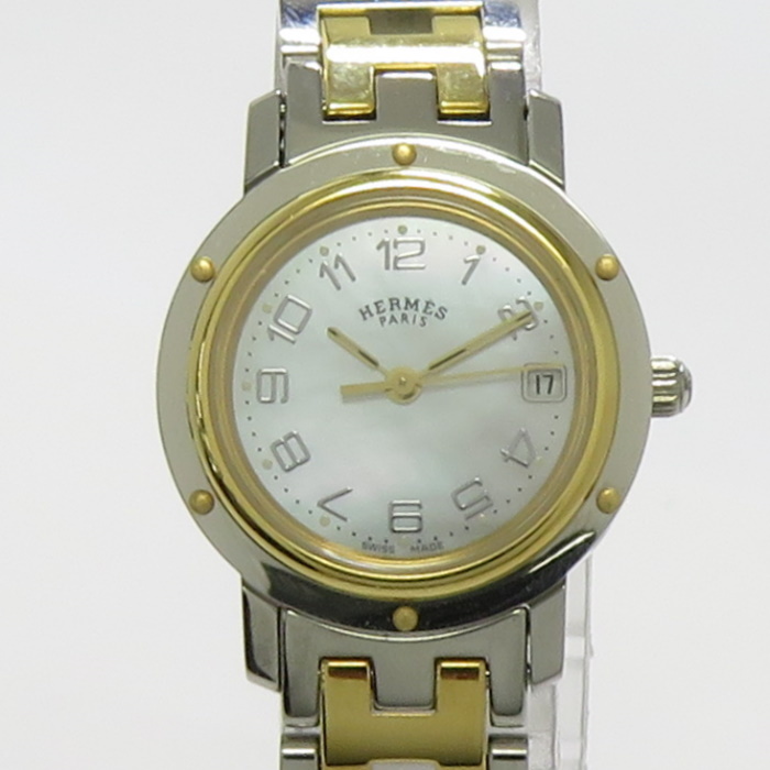 【中古】HERMES クリッパー レディース 腕時計 SS GP クオー ホワイトシェル文字盤 CL4.220