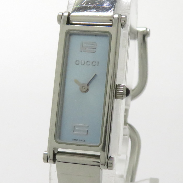 【中古】GUCCI レディース腕時計 バングルウォッチ クオーツ SS スカイブルー文字盤 1500L
