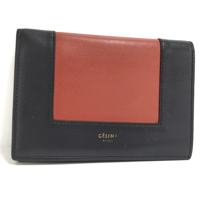 【中古】CELINE 2つ折り財布 マルチファンクション フレーム バイカラー エンジ ネイビー