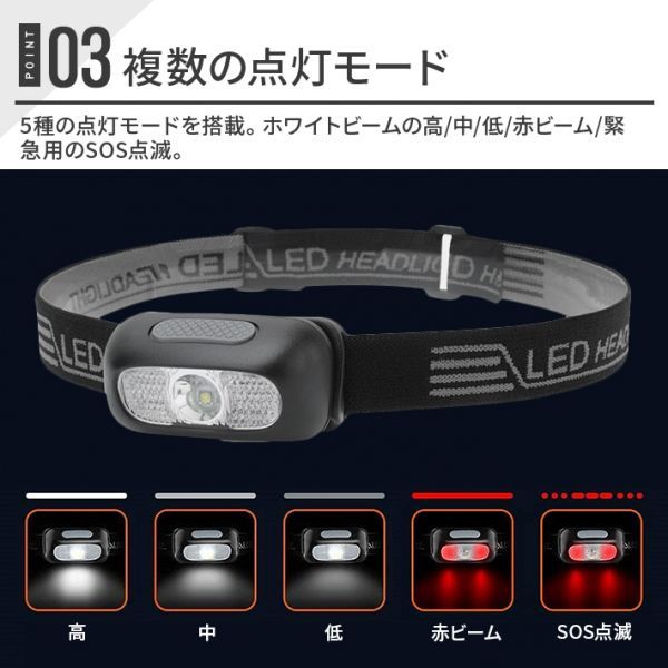 ヘッドライト 充電式 USB LED アウトドア用ヘッドライト 40g超軽量 高輝度 5種点灯モード 赤＆白ライト 800mAh SOS点滅 頭部 ヘッドランプ_画像7