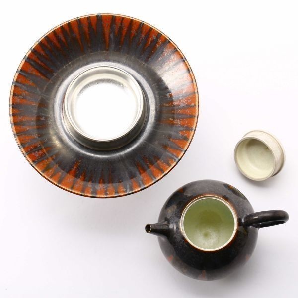 中村譲司 覆黒銀彩 急須 急須台付 茶注 茶器 煎茶道具 煎茶 [C NG0078]_画像4