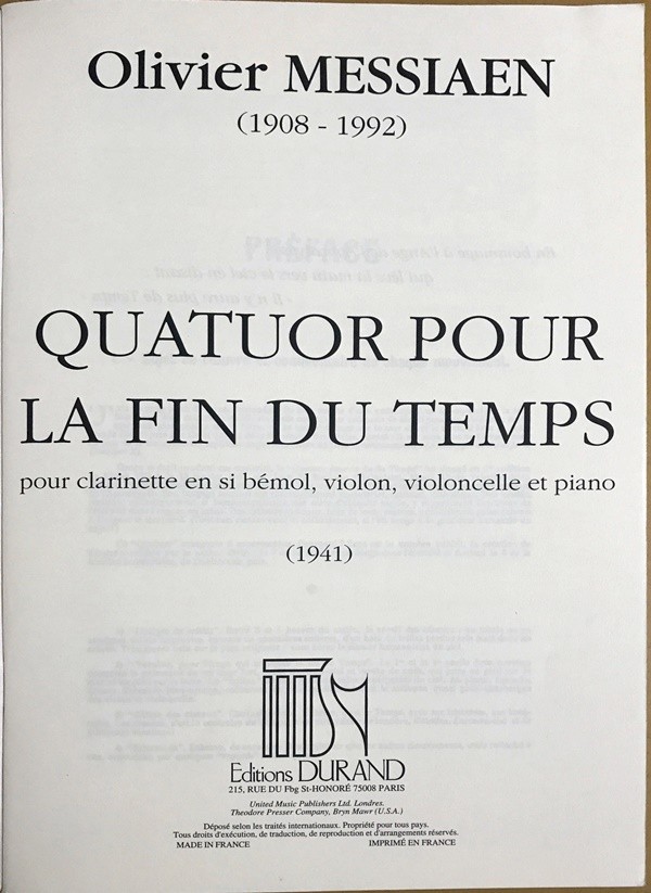 me Cyan .. ... therefore. four -ply . bending import musical score Messiaen Quatuor pour la fin du temps pour clarinette, violon, violoncello et piano