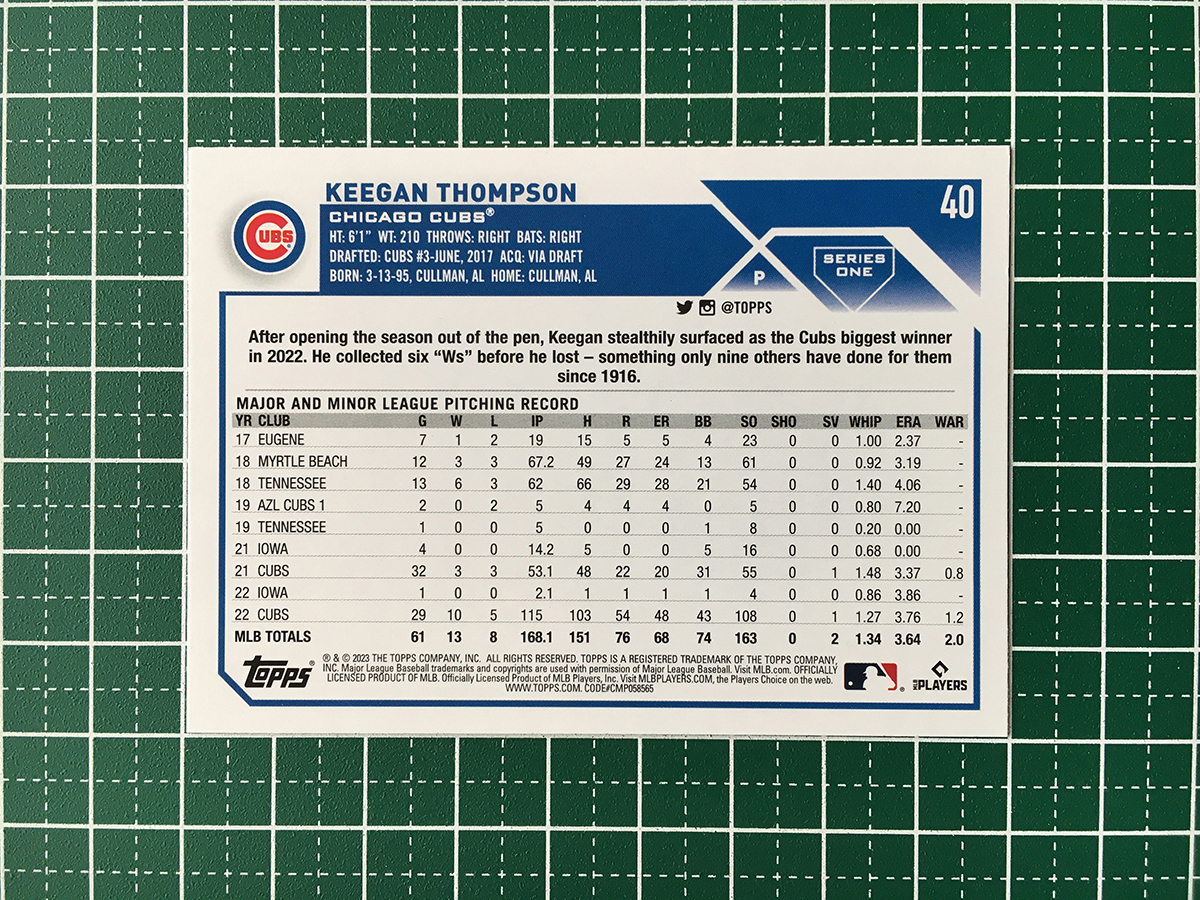 ★TOPPS MLB 2023 SERIES 1 #40 KEEGAN THOMPSON［CHICAGO CUBS］ベースカード「BASE」★の画像2