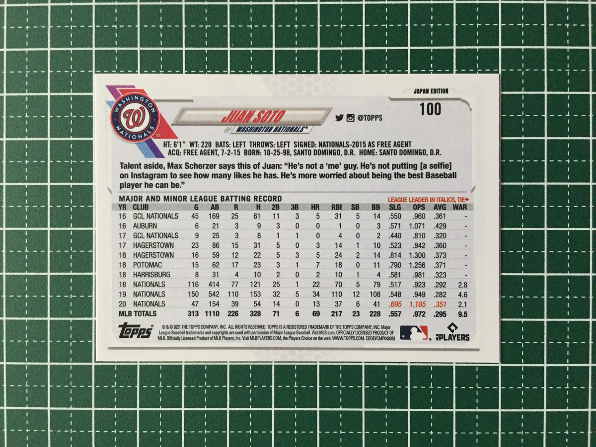 ★TOPPS MLB 2021 JAPAN EDITION #100 JUAN SOTO［WASHINGTON NATIONALS］ベースカード「BASE」★_画像2